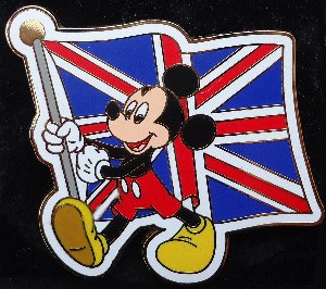 A Disney Pin. Mickey Mouse is holding as Union Flag