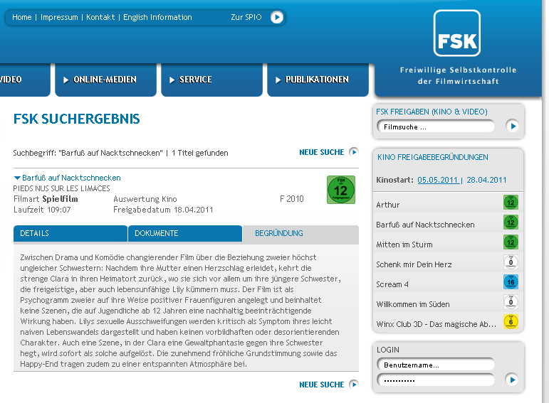 FSK classification for Barfu auf Nacktschnecken