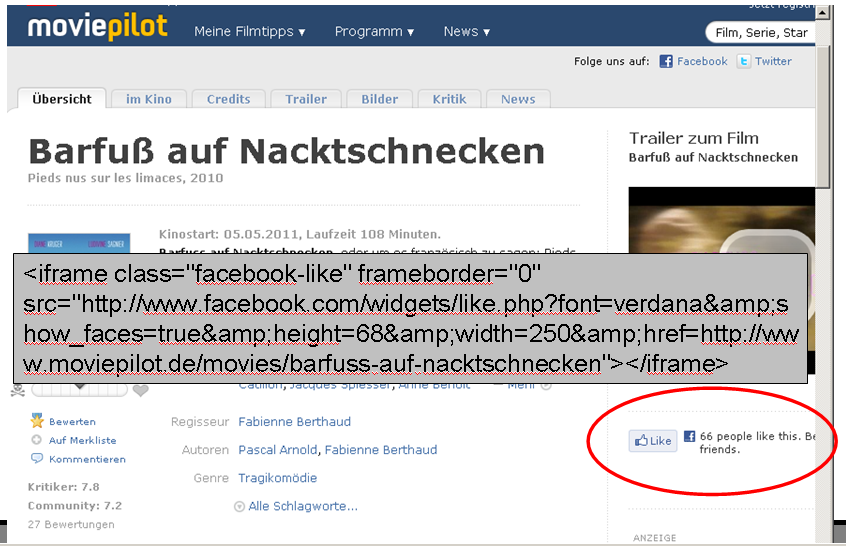 Screenshot of Movie Pilot page about Barfu auf Nacktschnecken. Facebook code overlaid