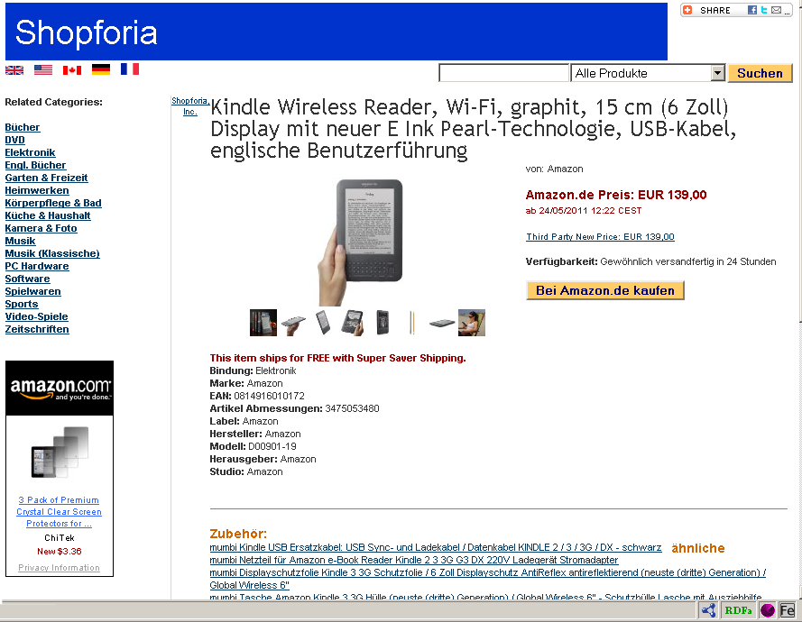 Screenshot of German version of Shopforia website, shows Amazon Kindle