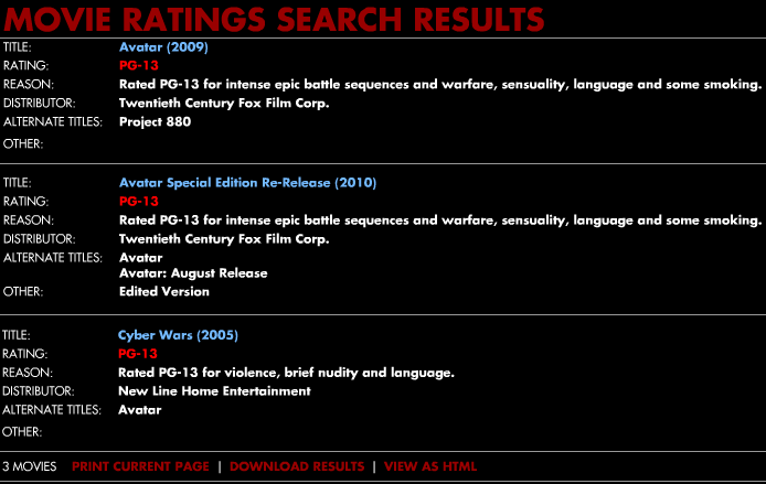 screenshot of filmratings.com results for Avatar, shows 3 separate results.