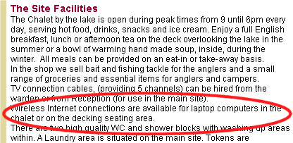 Screenshot of the description of the facilities at Sumner's Pond with the wi-fi provision highlighted