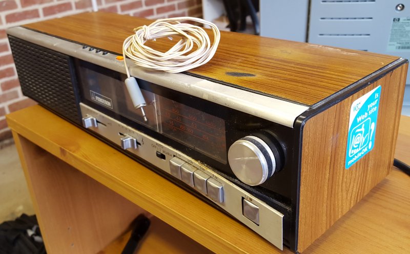 a perspectuve view of a large 1980s bedside radio