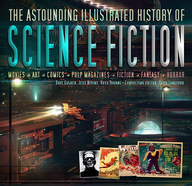 Front cover of the book, showing an image that looks a little like Bladerunner with insert images from other SF films and magazines