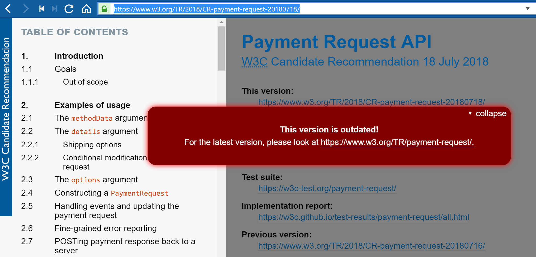 Screenshot of the 2018-07-18 draft of the Web Payments API, showing a large warning message that there is a later draft available