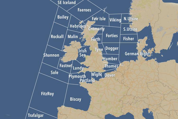 A map of the British Isles with sea areas marked. They go all the way from the coast of Norway to S E iceland and down to the southern end of the bay of Biscay.