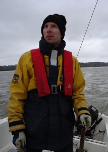 Ken Handley at the helm of Tiki on the Deben, 23/01/2011