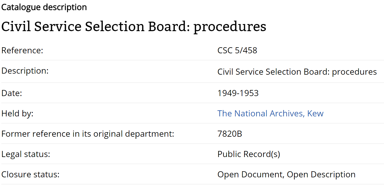 Partial screenshot of the National Archives record for the Civil Service Selection Board Procedures, 1949-1953