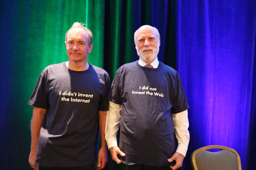 TimBl and Vint Cerf with t shirts saying what they didn't invent