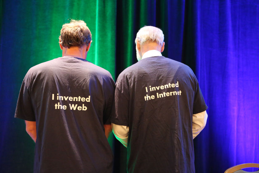 TimBl and Vint Cerf with t shirts saying what they did invent